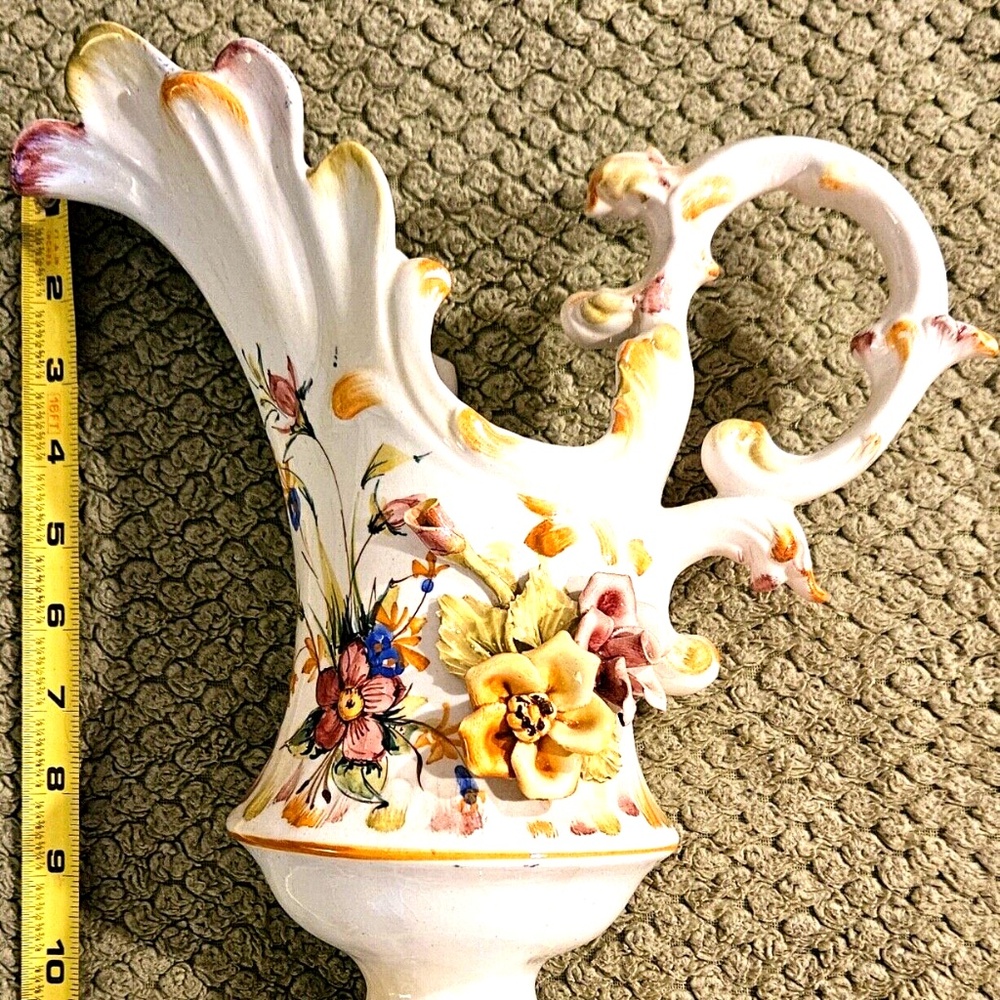Vintage Italian Ceramic BASSANO Pitcher - Ornate Floral 3D Relief Made inItaly